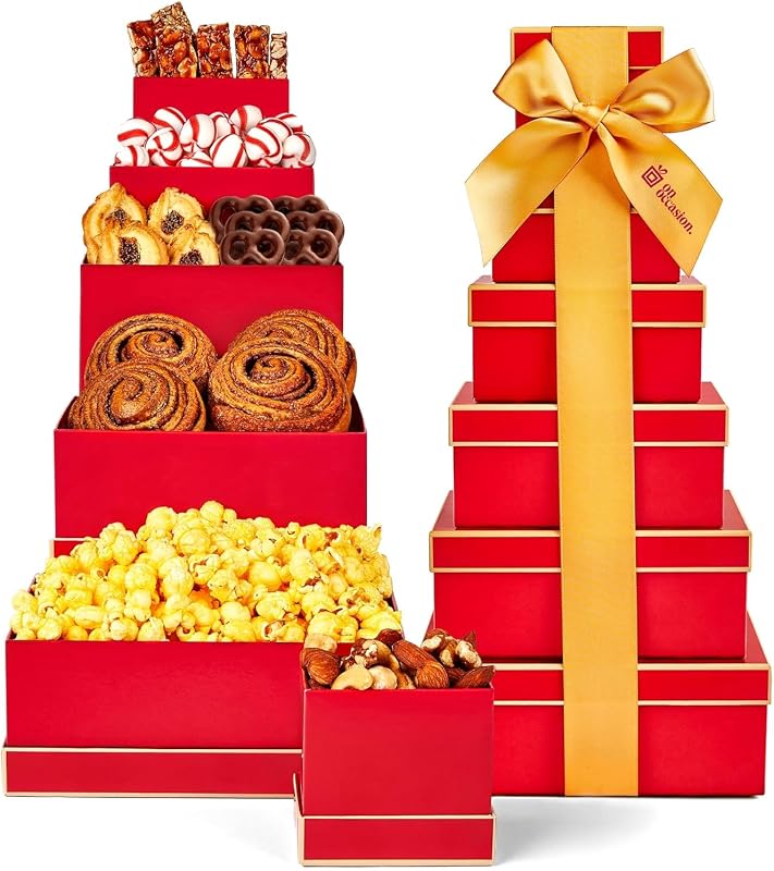 On Ocasión Torre de regalo Grand Gourmet de 6 niveles, chocolate con leche, nueces y dulces | Torre festiva de lujo de 6 niveles con chocolate, nueces y dulces. Torre de regalos gourmet para cumpleaños, días festivos, familiares y corporativos.