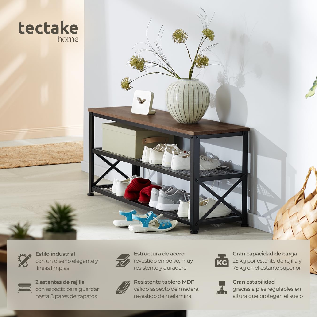 TecTake® Zapatero Madera, Zapatero Entrada Recibidor, Estanteria, Organizador Zapatos,Recibidores de Entrada, Mueble Recibidor, Muebles - 101 x 30,5 x 45,5 cm Madera Industrial Oscura, Rústica