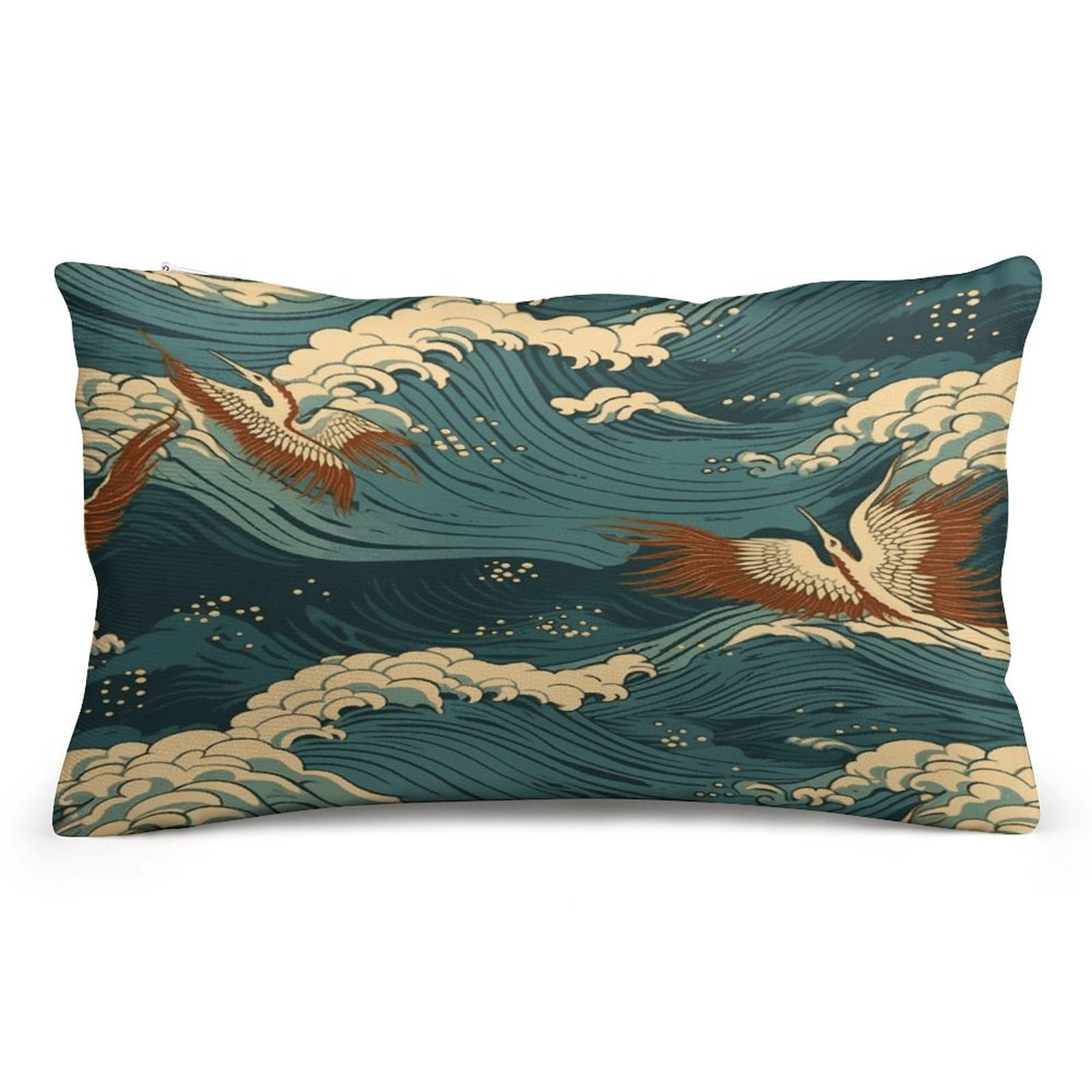 FekiLoot Japan Wave Wallpapers Pillowcases Super Soft Cozy Lumbar Decorative Throw Pillow Covers Plush Pillow Shams with Zipper Double-Sided Decorative Pillows Shells for All Seasons