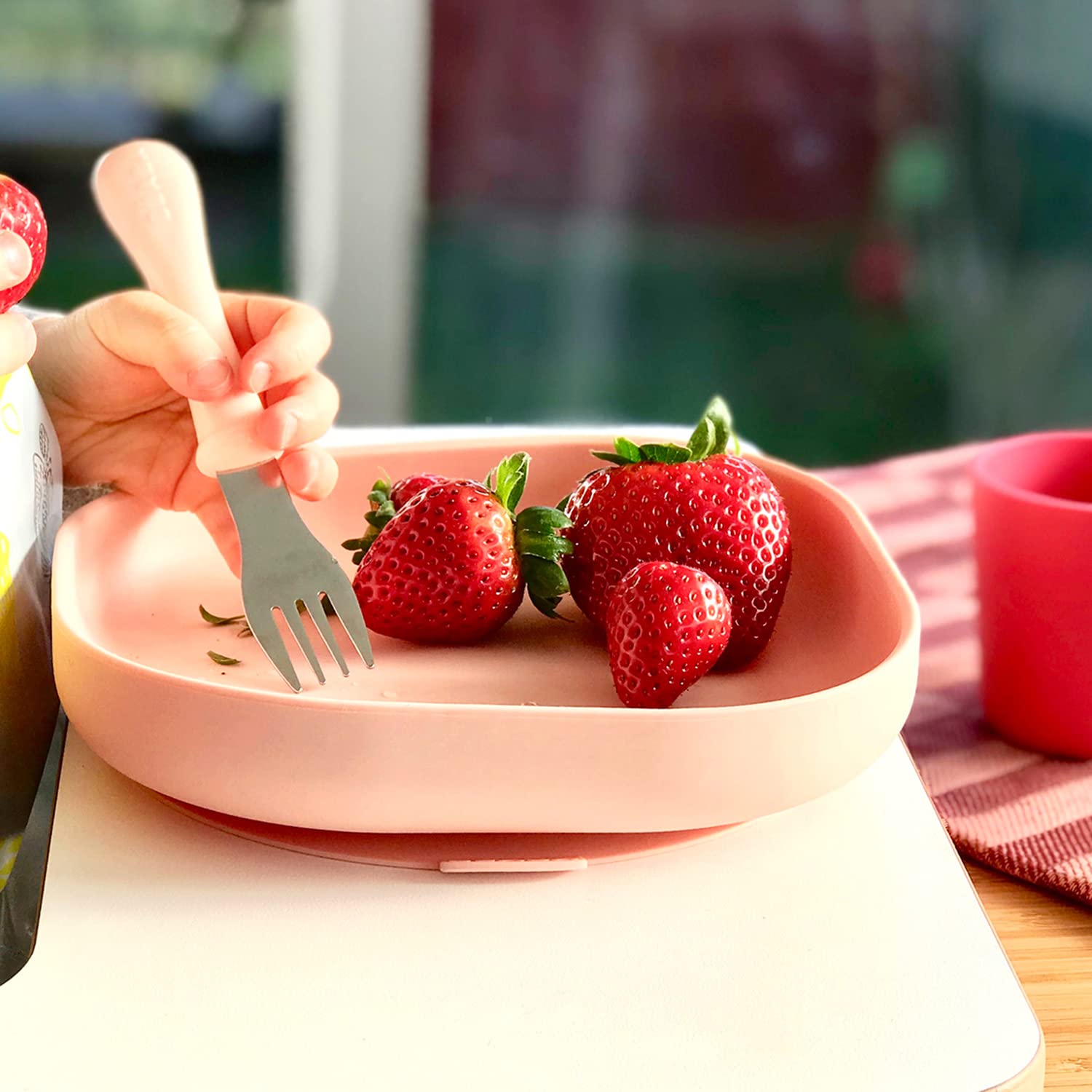 BEABA 100% Silicone 4-Piece Baby Feeding Set, Suction Plates for Baby, Made w/High Grade Food Safe Silicone, Rose