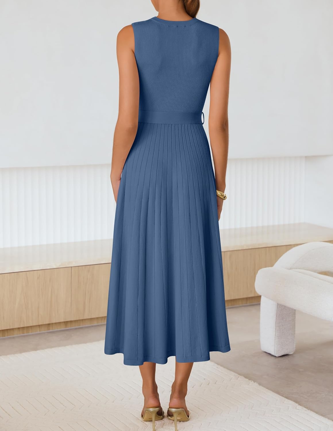 ZESICA Womens Spring Sleeveless Midi Sweater Dress 2026 Summer Casual Pleated A Line Flowy Knit Long Dresses with Belt