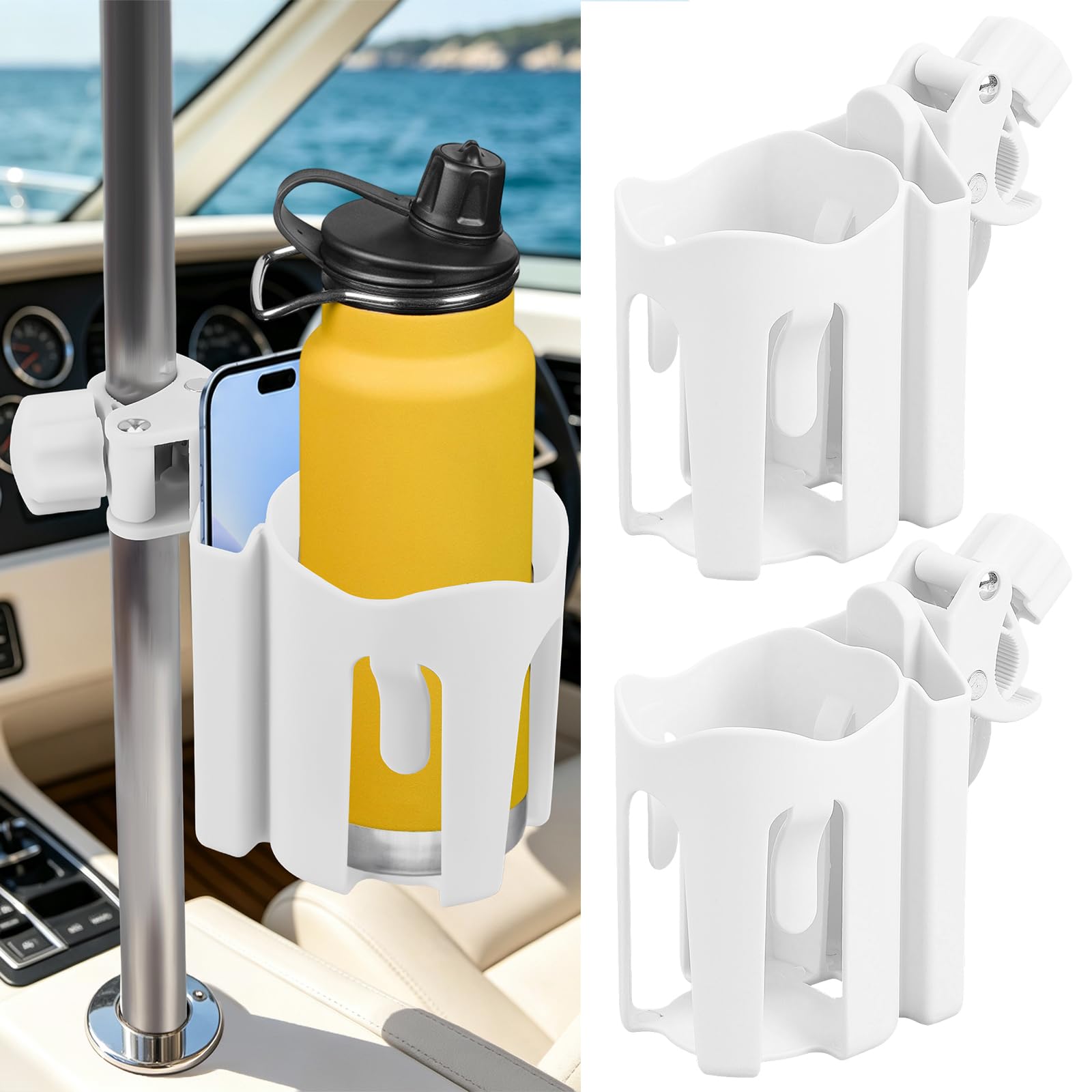 CUTHOLLOW 2 Set 2-in-1 Boat Phone & Cup Holder, White Marine Clamp Mount