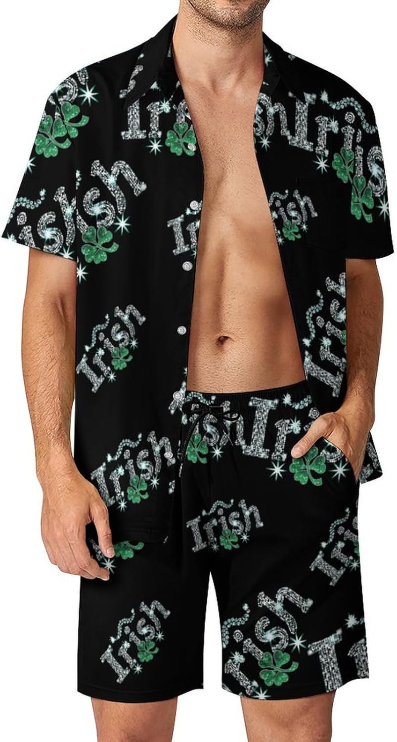 Diamon Irish Clover Men's Summer Beach Outfits Shirt And Shorts Set 2 Piece Vacation Swimwear