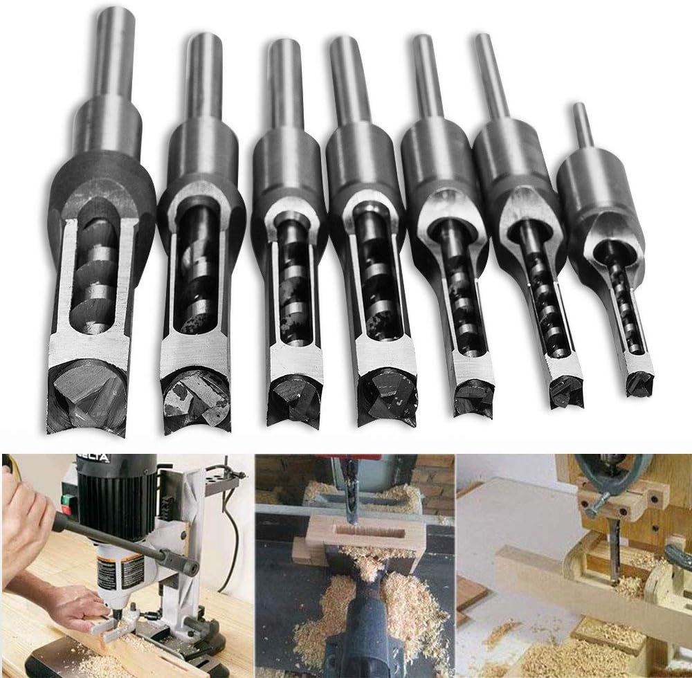 Square Hole Drill Bit, Steel Hardness Sharp Mortising Chisel Set 1/2-Inch, 1/4-Inch, 3/4inch, 3/8-Inch, 5/8-Inch, 5/16-Inch, 9/16-Inch Woodworking Mortiser Drill Bit-7pcs
