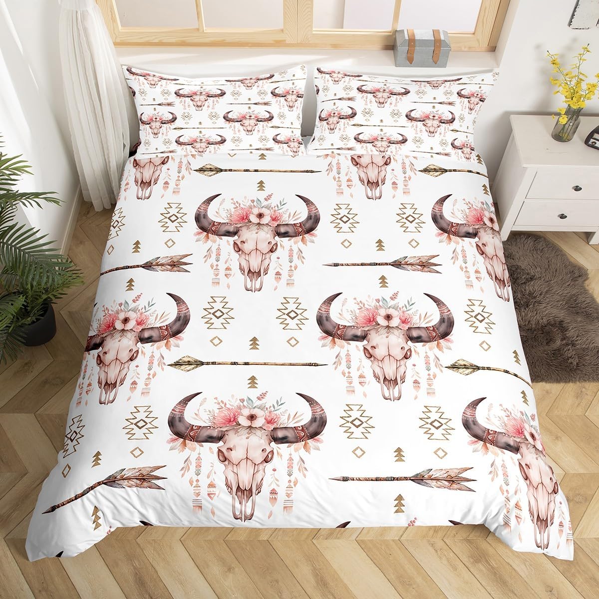 Girls Bull Skull Duvet Cover Women Floral Flowers Print Bedding Set Boho Arrow Comforter Cover for Kids Teens Room Decor Bohemian Exotic Animal Skeleton Bedspread Cover King Size with 2 Pillow Case
