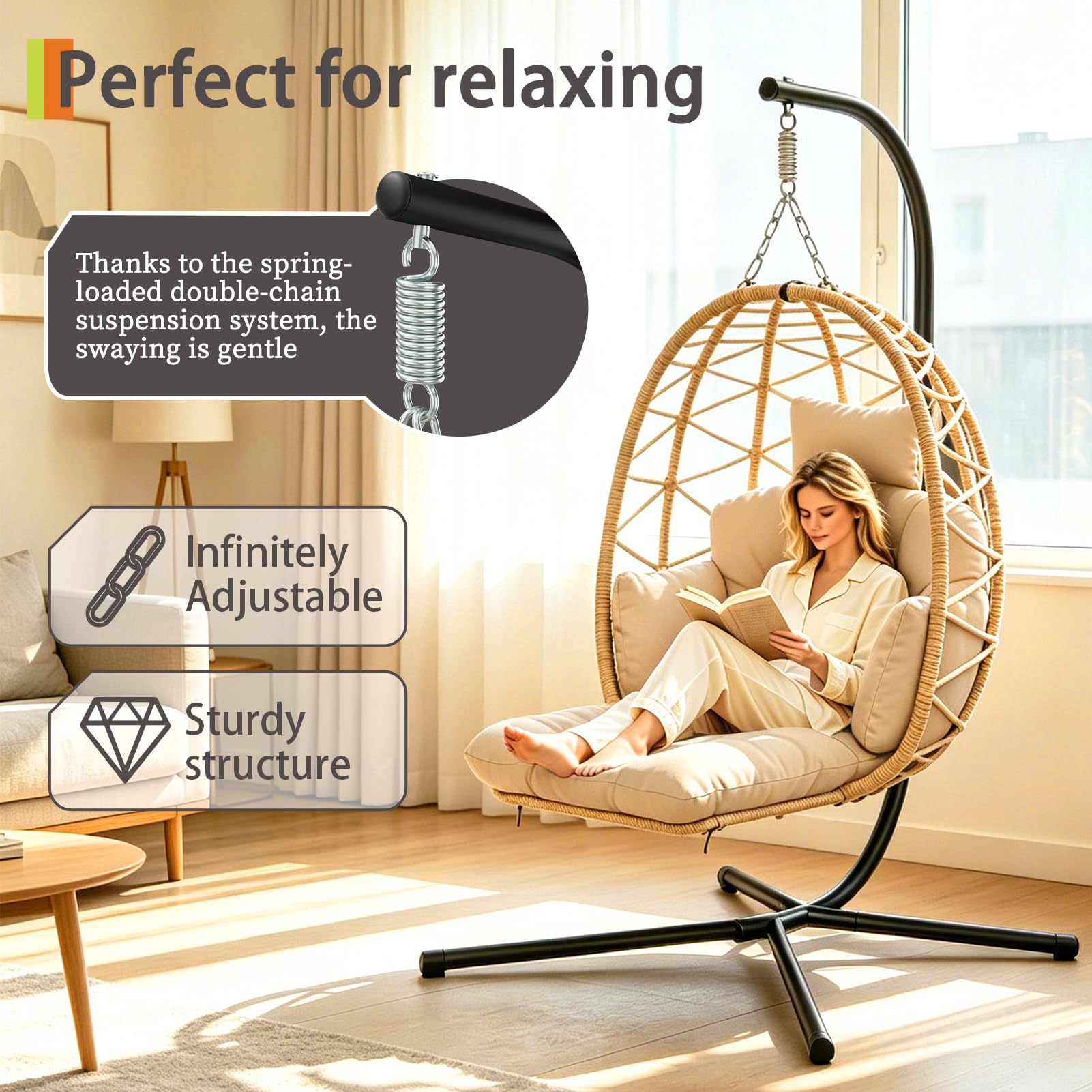 Silla colgante con estructura, cesta colgante con reposapiés y cojín grueso, sillón colgante de ratán, muebles para jardín, balcón, salón, soporta hasta 160 kg (beige)