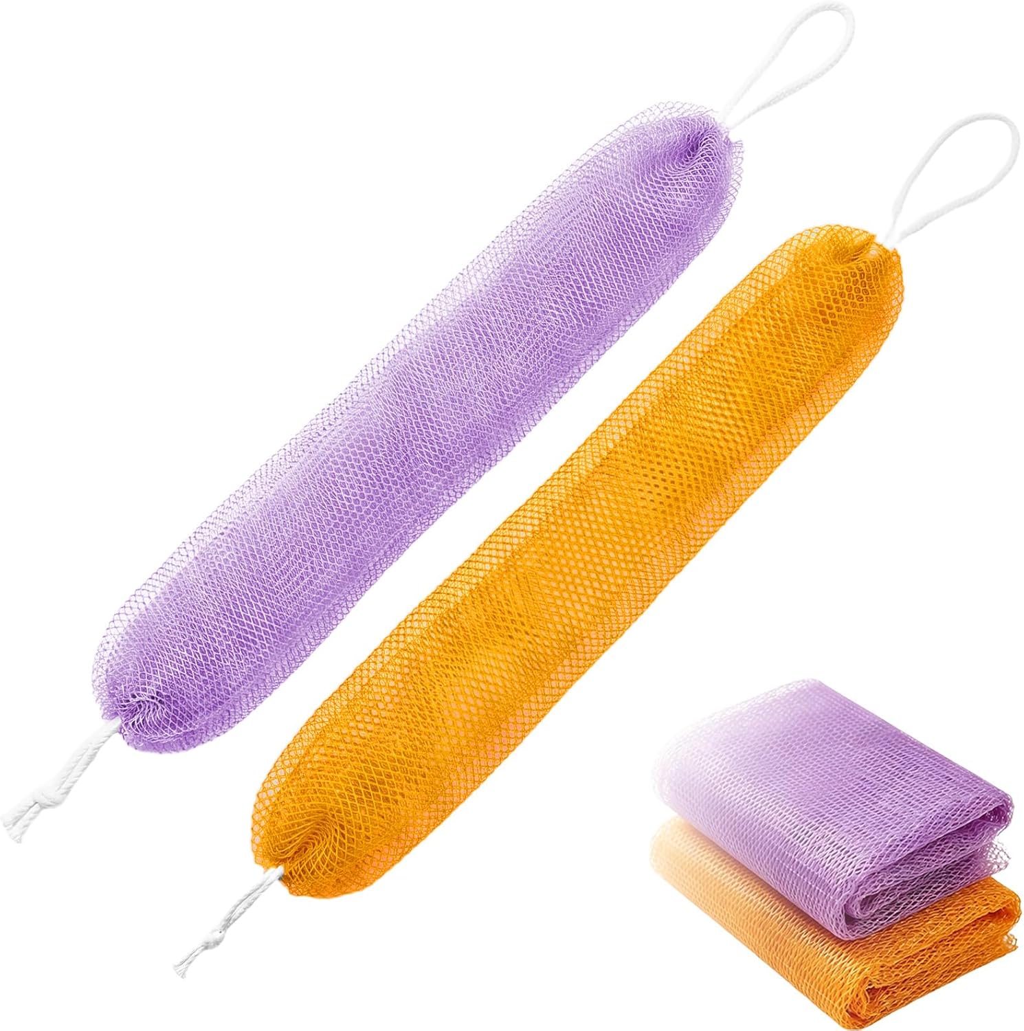 2 Pack African Net Sponge, Exfoliating Bath Scrubber for Men and Women, Daily Shower Bath Accessories (Yellow + Light Purple)