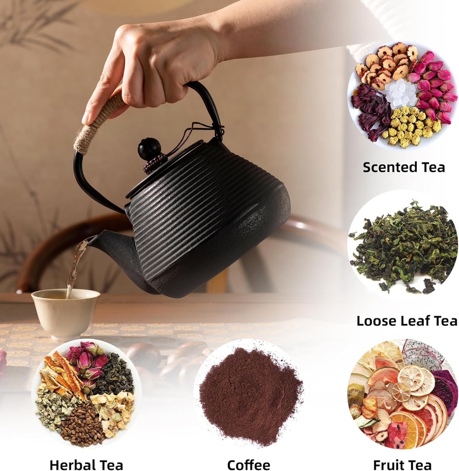 Tetera de hierro fundido, 32 onzas, con patrón de flor de Sakura japonesa, apta para estufa, infusor para hojas sueltas y café, mango de silicona, interior esmaltado, 950 ml, azul