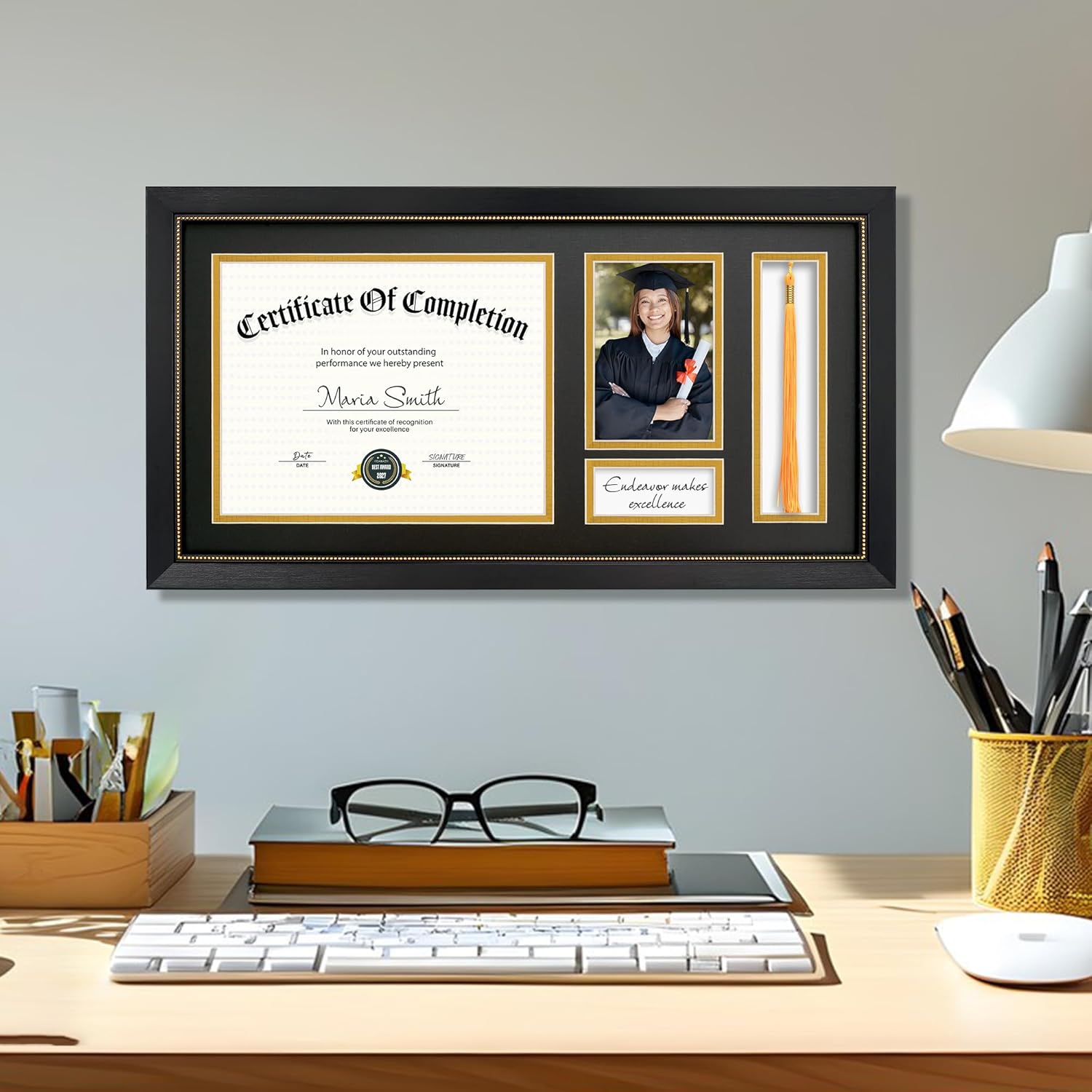 11x22 Diploma Frame with Tassel Holder, Graduate Frame for 8.5x11 Certificate Document and 4x6 Photo, Linen Texture Black over Gold Double Mats, HD Real Glass, Black with Gold Beads Embossing