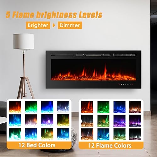 Miniatura 7 de CharaVector Chimenea Eléctrica Empotrable de 60 pulgadas 750W/1500W con Control Remoto de Montaje en Pared, Calentador de Chimenea Empotrable LED de