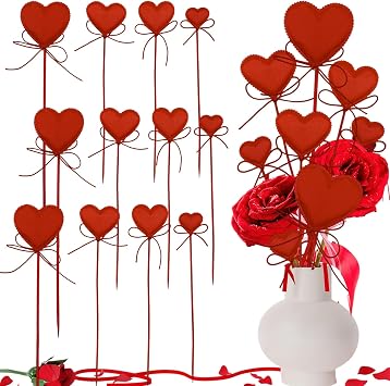 12 Pcs Valentines Day Heart Picks Red Love Bowknot Heart Shaped Flower Stems Floral Fairy Wand Sticks for Valentine Wedding Anniversary Mothers Day Party Supplies