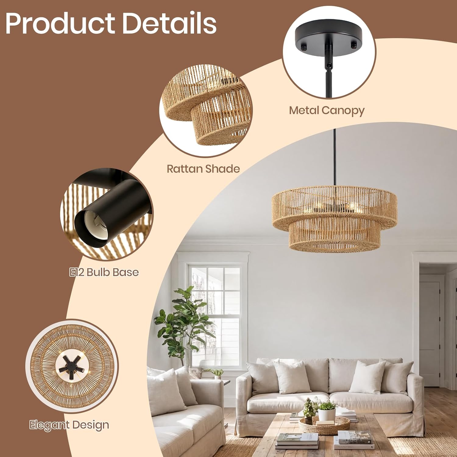 22" Large Boho Rattan Chandelier, 5-Light Hand Woven Wicker Drum Chandelier, Bohemian Rattan Pendant Light for Dining Room, Kitchen Island, Living Room Bedroom Entryway