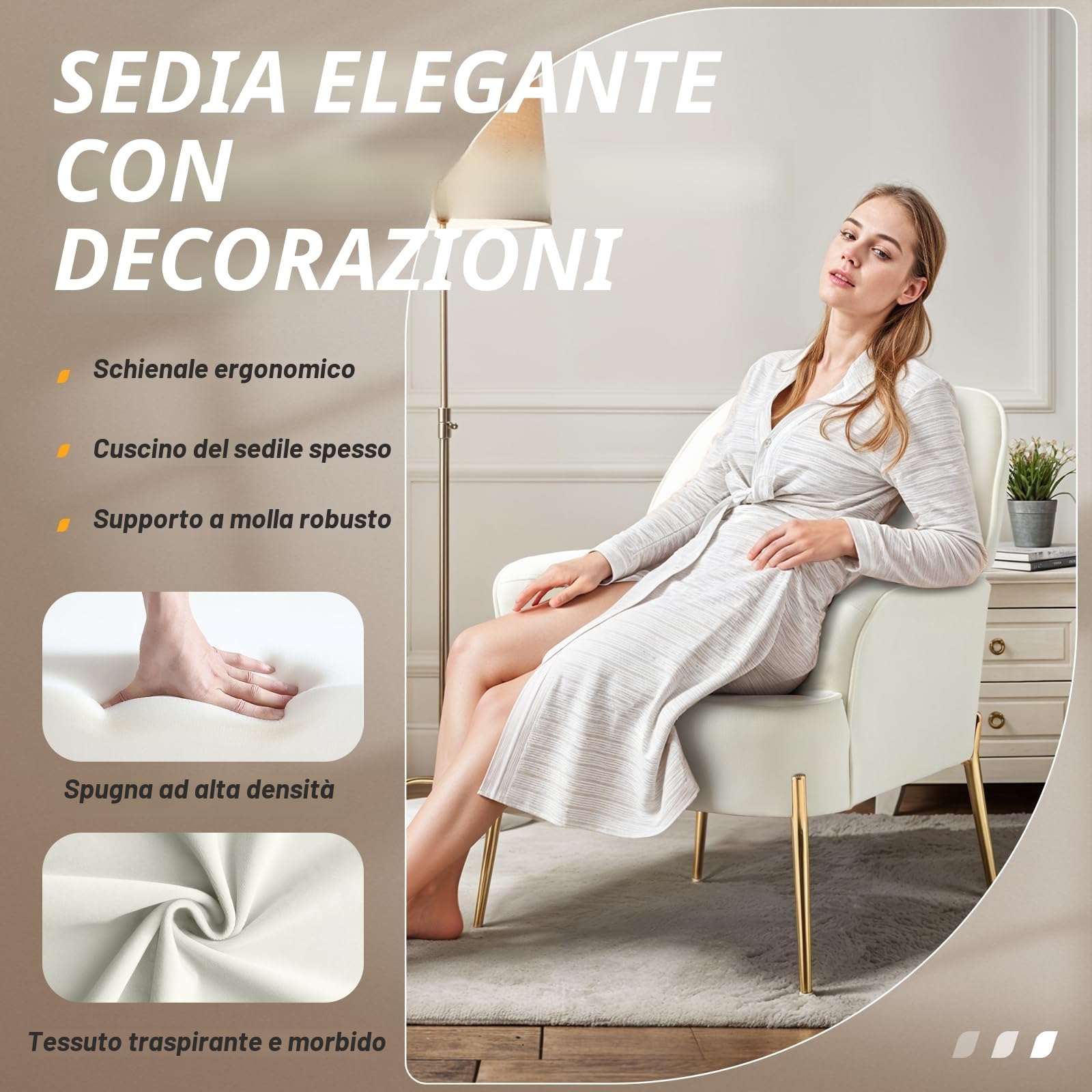 SEPNINE Poltrona Salotto in Velluto, Poltroncina Camera da Letto, Sedia da Soggiorno in Stile Scandinavo con Gambe Dorate, Super Confortevole, Capacità Fino a 135 kg (Bianco)