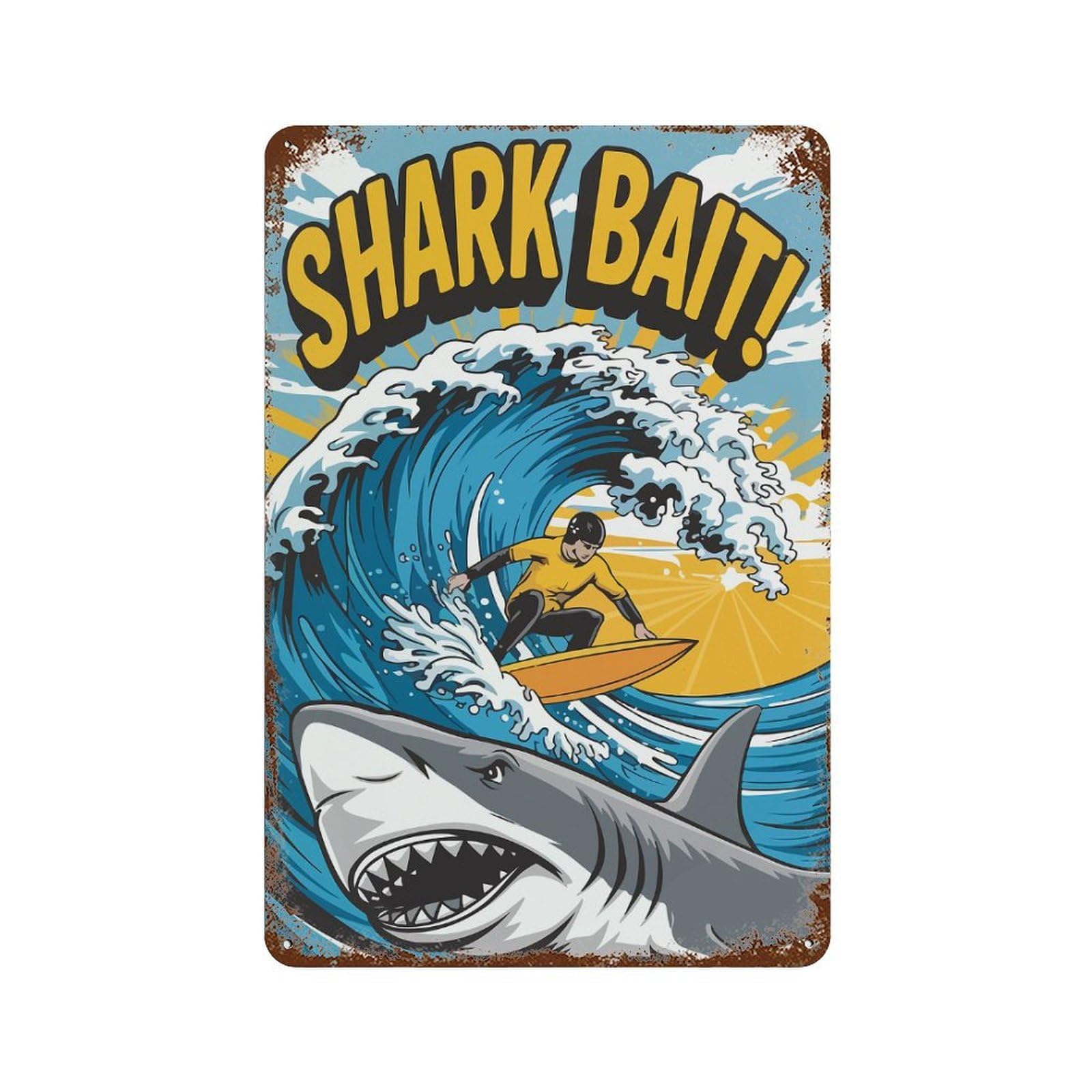 Rust Effect Shark Bait Surfer Weathered Tin Sign 11.8"x7.9", Retro Wall Decor for Garage, Bar And Workshop Decor