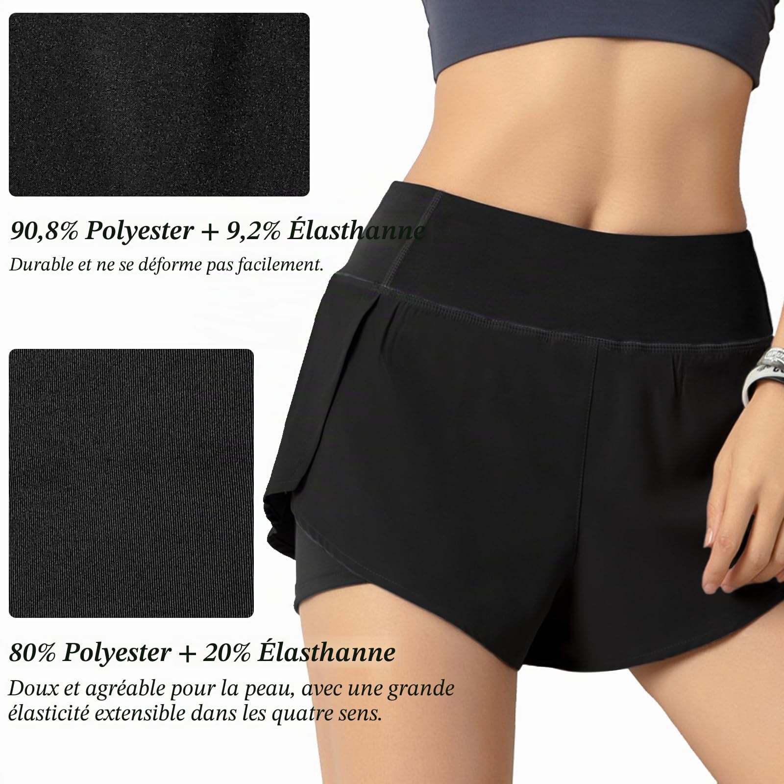 Short de course 2 en 1 pour femme, séchage rapide, short de course avec poche pour téléphone, short d'entraînement athlétique, jogging, gym, yoga avec doublure pour femme