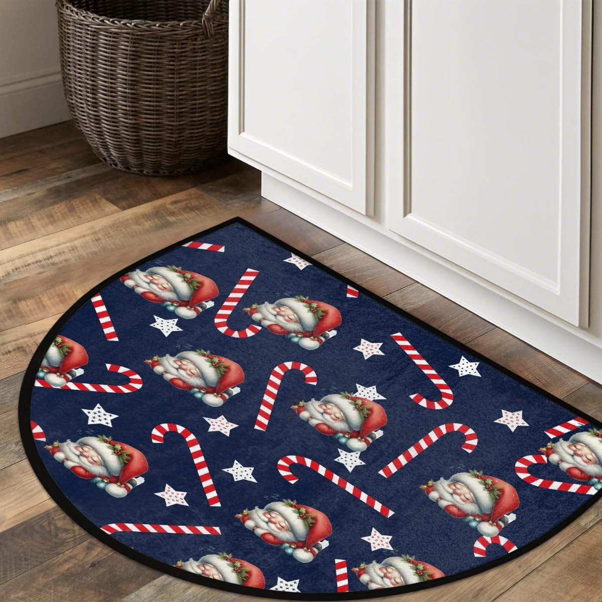 Half Round Door Mat Santa Claus Candy Cane Christmas Non Slip Absorbent Semi Circle Area Rugs Washable Half Moon Floor Mats for Indoor Patio Kitchen Bathroom Entryway Fireplace Home Carpet Decor