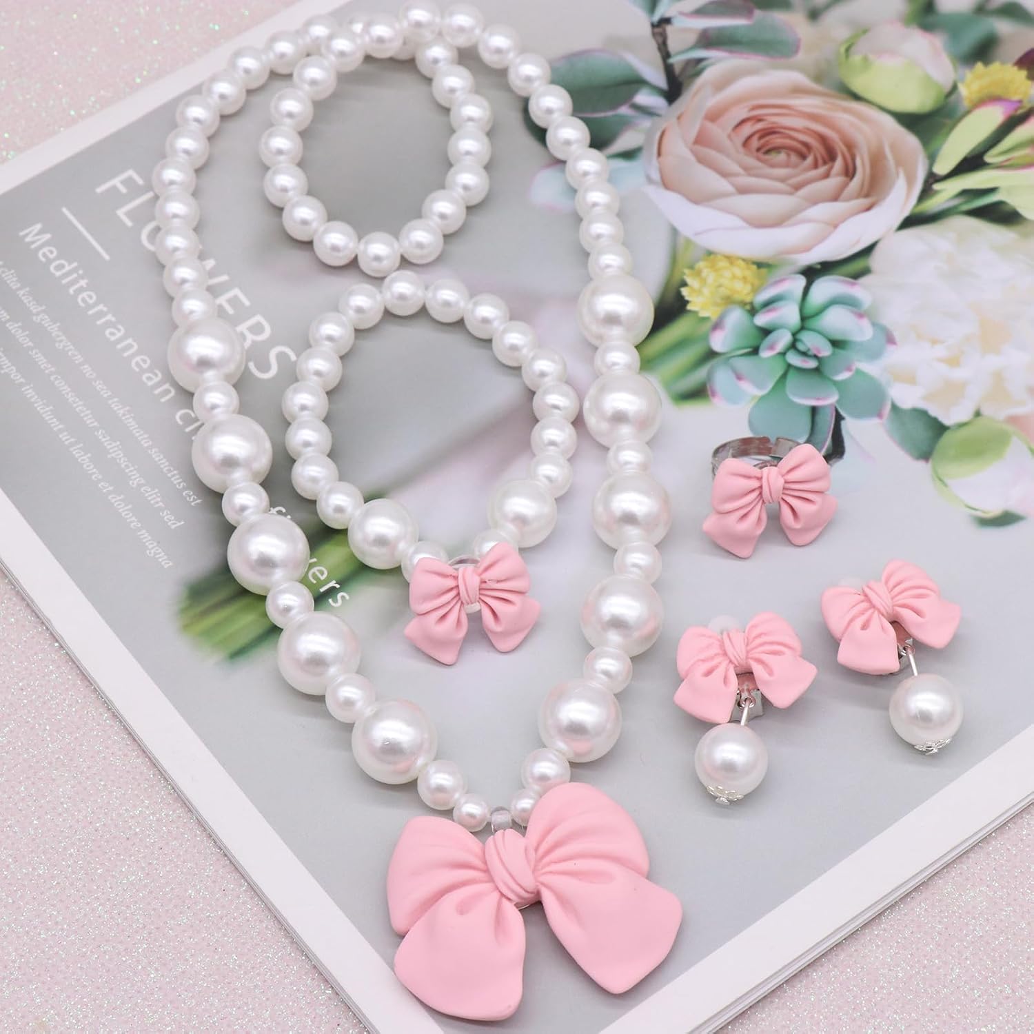 Princess Jewelry for Little Girls, Handmade Bow Pearl Kids Jewelry Set, Stretch Necklace Bracelets Rings and Clip on Earrings, Perfect for Dress Up, Birthday Parties, and Costume Play