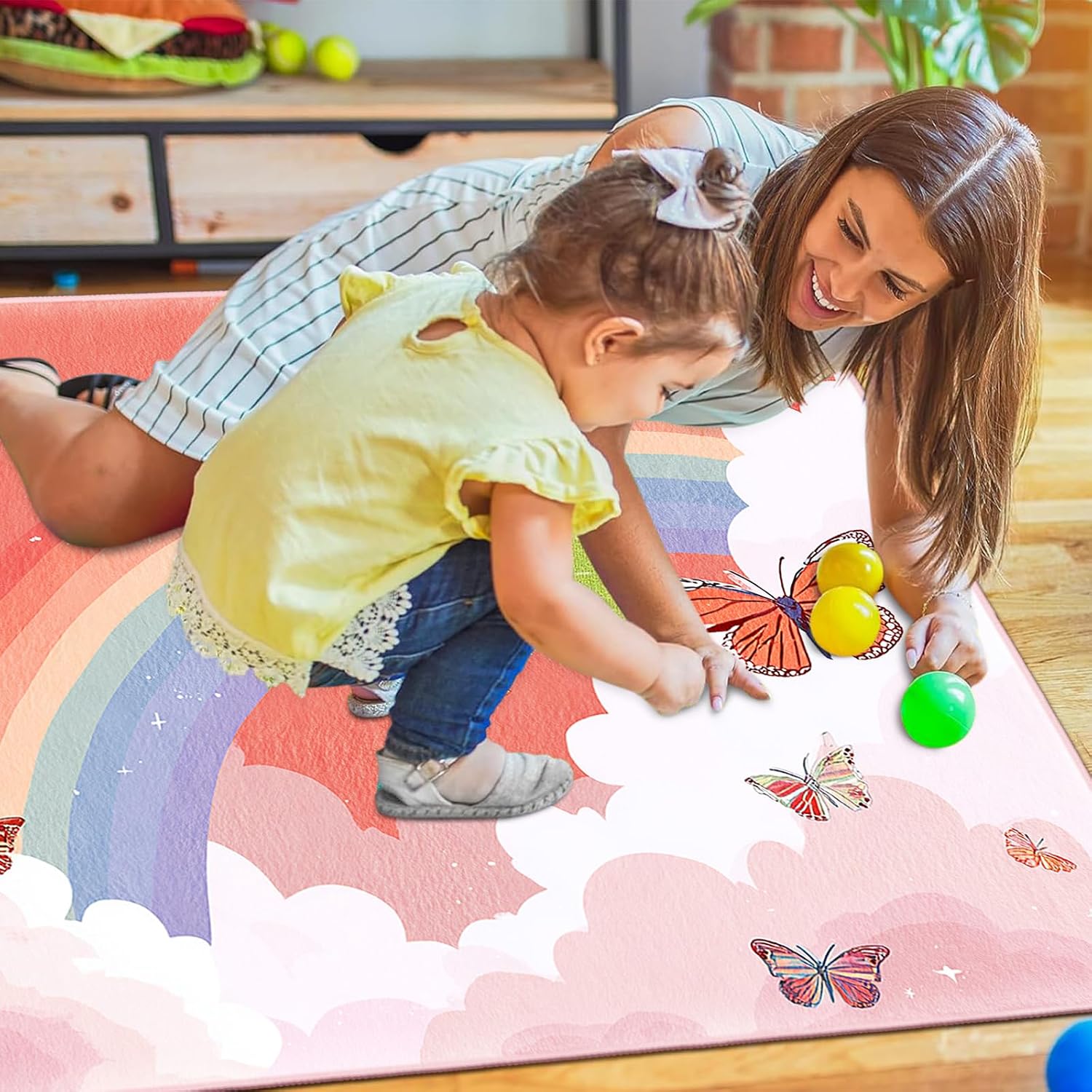 Rainbow Area Rug for Girls Bedroom, 5x7 Soft Nursery Rug with Butterfly Clouds Design, Washable Faux Cashmere Kids Play Mat, Aesthetic Pink Decor for Playroom & Baby Room, Non-Slip