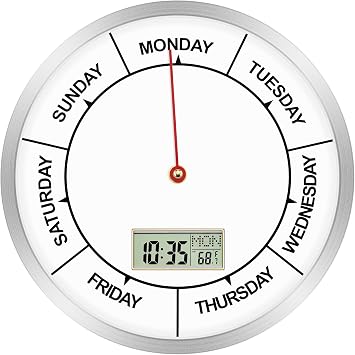 Foxtop Day of The Week Clock لكبار السن ، ساعة حائط رقمية مع الوقت ، تعمل البطارية على مدار الساعة الفضية 12 بوصة لغرفة نوم مكتب الفصل الدراسي ، هدية التقاعد المثالية للرجال والنساء
