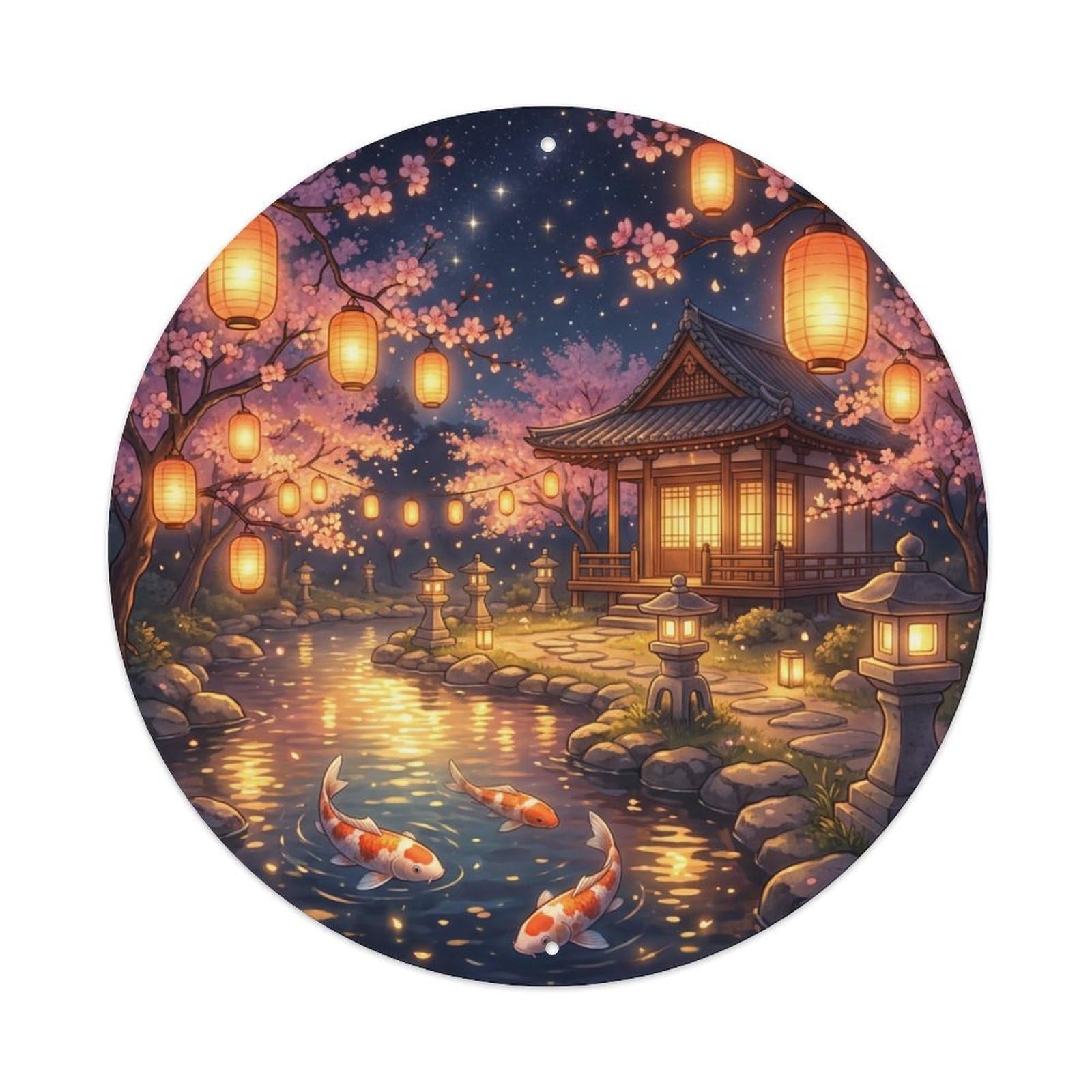 Galvaxio Style Japanese Koi Fish Cherry Night Lanterns Glow Metal Tin Sign