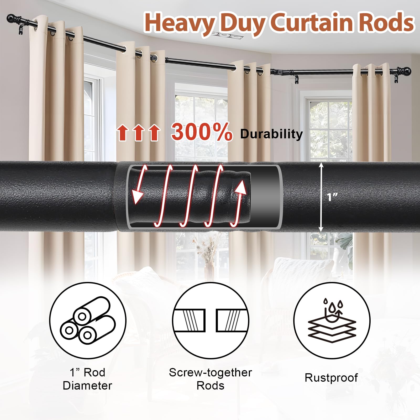 Barras de Cortina para Ventanas Saledizas, Barra de Cortina Curvada para Ventanas de 76 a 460 cm, 2 Codos Incluidos, 25 mm de Diámetro, Barra de Cortina Negra Resistente de 3 Lados para Dormitorio