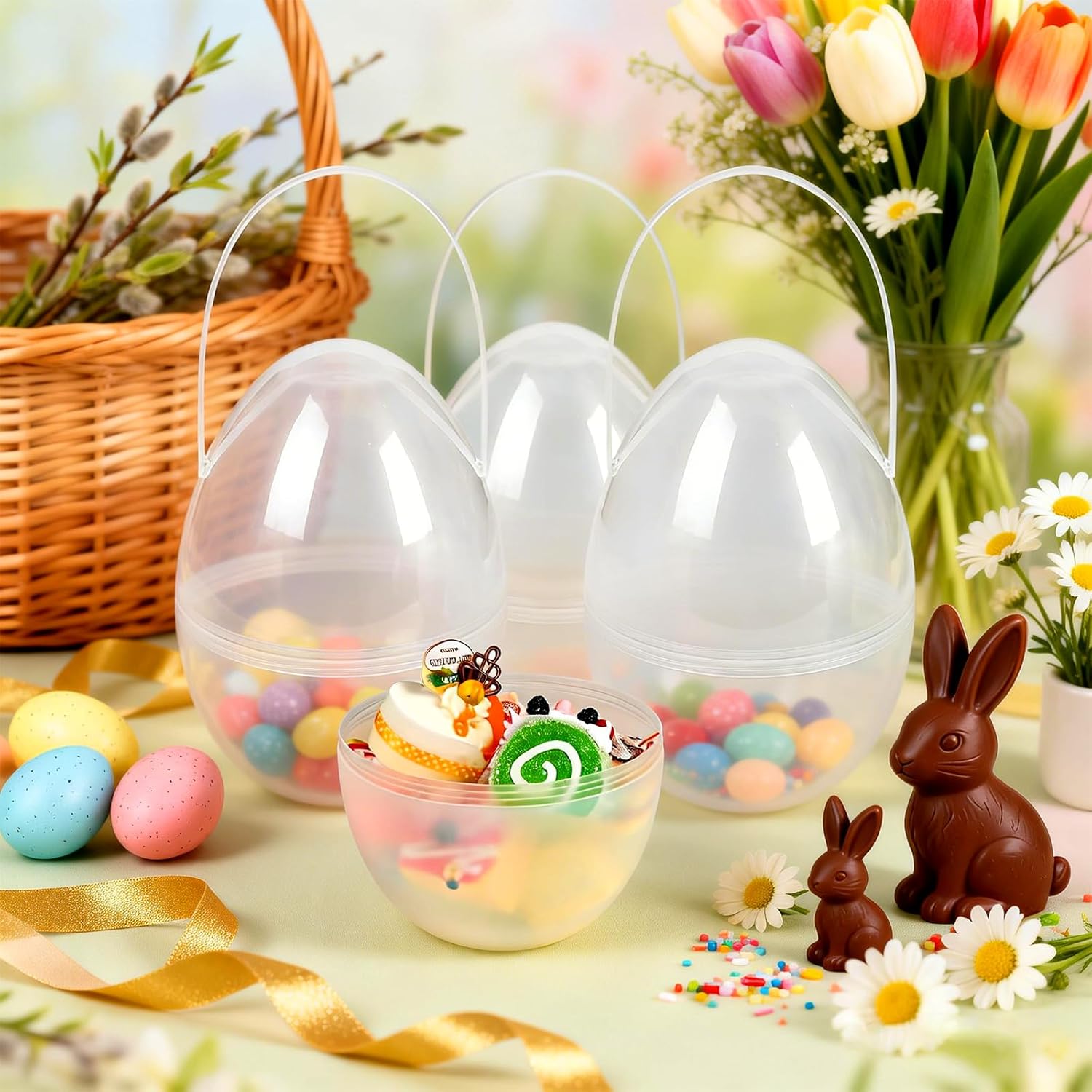 10" 8 Pack Jumbo Fillable Easter Eggs, Translucent Colors Plastic Giant Eggs, Empty Large Easter Basket Stuffers with Handles for Treats Hunts Party Favors Prize Gifts Spring Decorations
