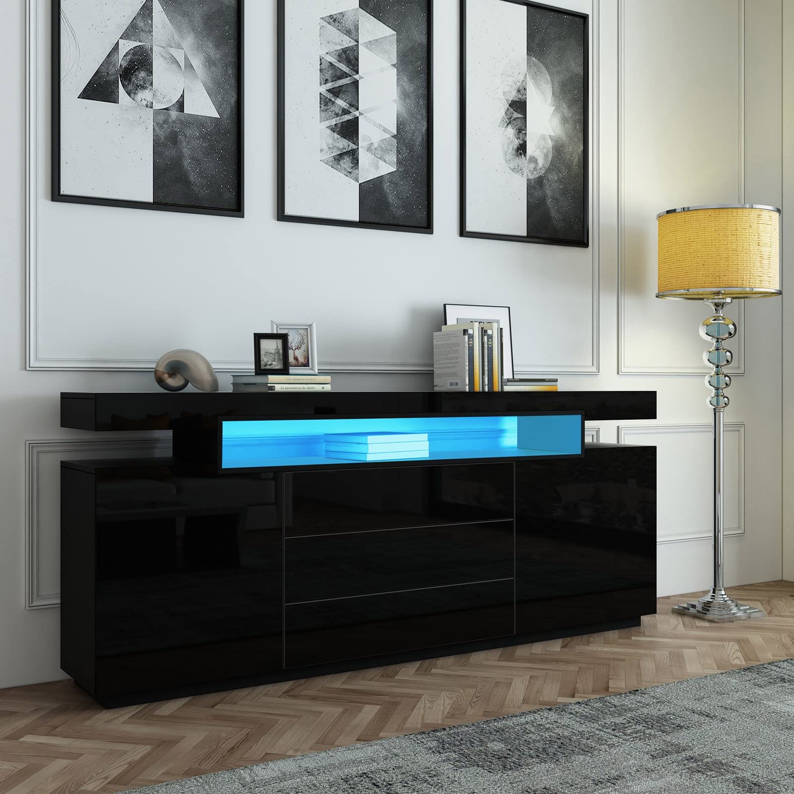 Schwarz Sideboard mit Led Lights, Sideboard 160cm mit 2 Türen 3 Schubladen