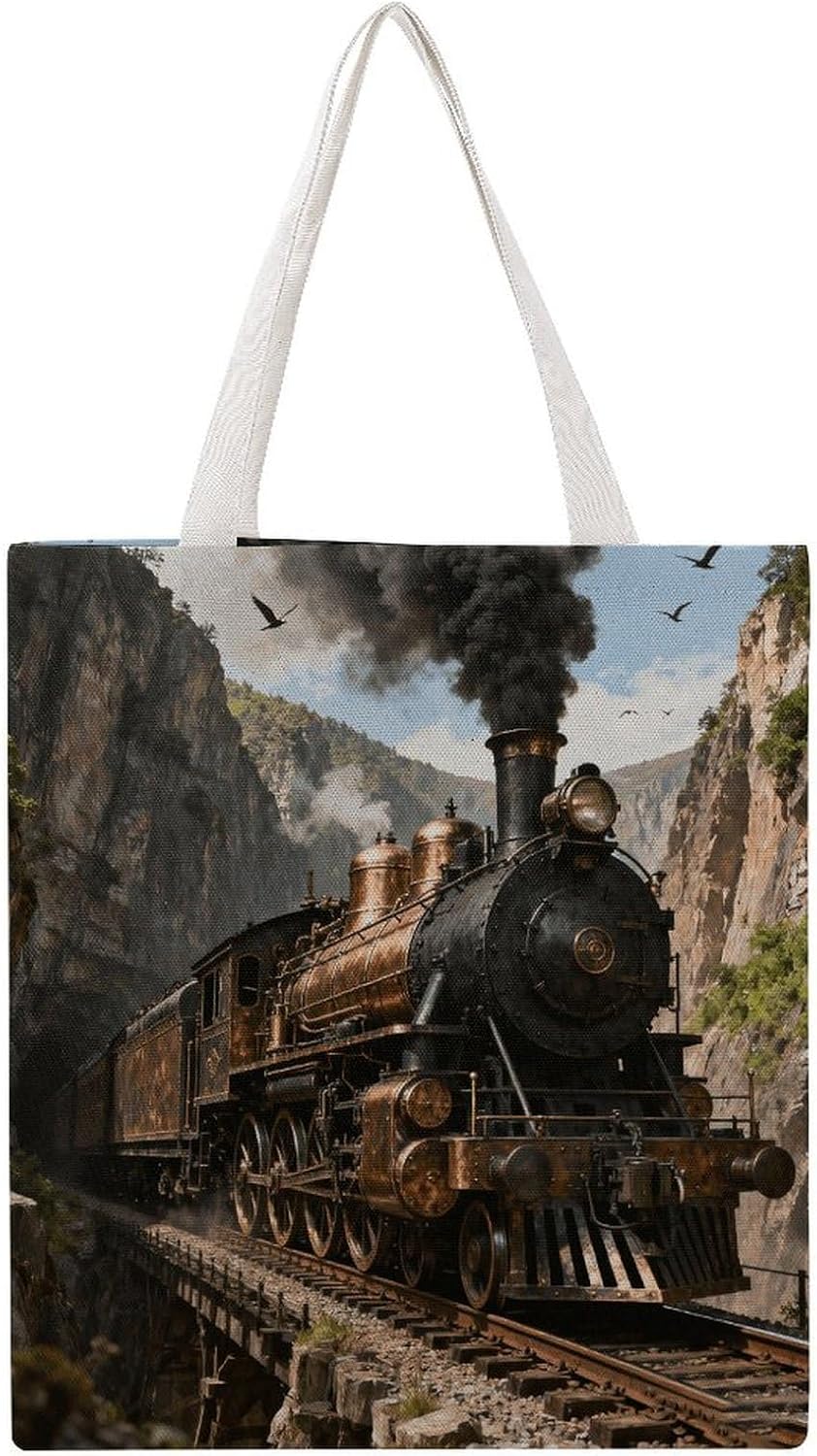 Steam Train Canyon Canvas Tote Bag Reusable Grocery Bags Foldable Soft Cotton Shoulder Carry Bag