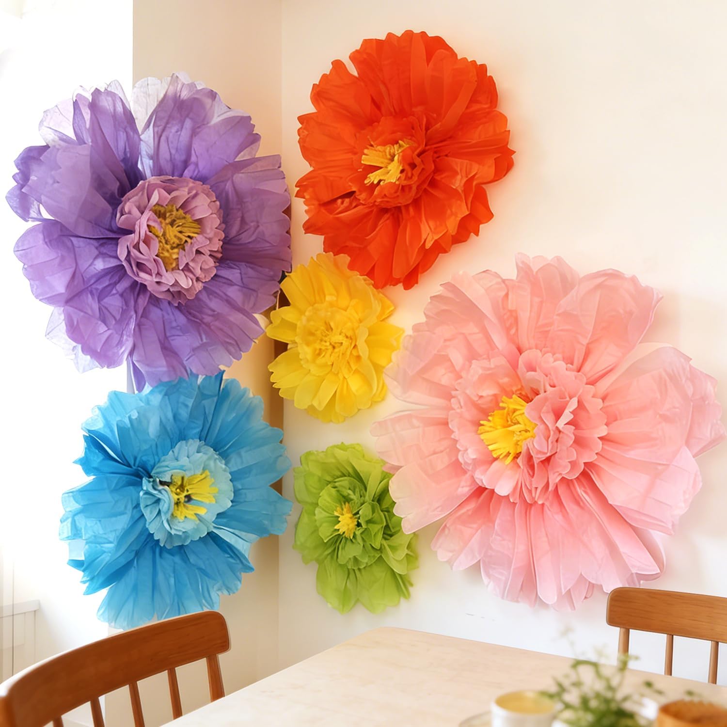 6 Pcs Giant Paper Flowers, 39.4in 31.5in 23.6in Colorful Wall Decoration for Wedding & Church Decor, Valentine’s Day, Easter, New Year, Fiesta Event Backdrop