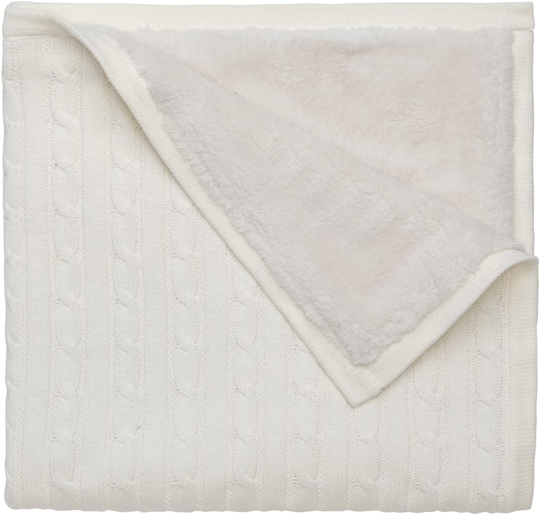 Elegant Baby 100% Cotton, Machine Washable, Easy Care, Classic & Timeless Wide Cable Knit Blanket with Wide Border and Lined in Faux Fur 30 x 30" in Cream