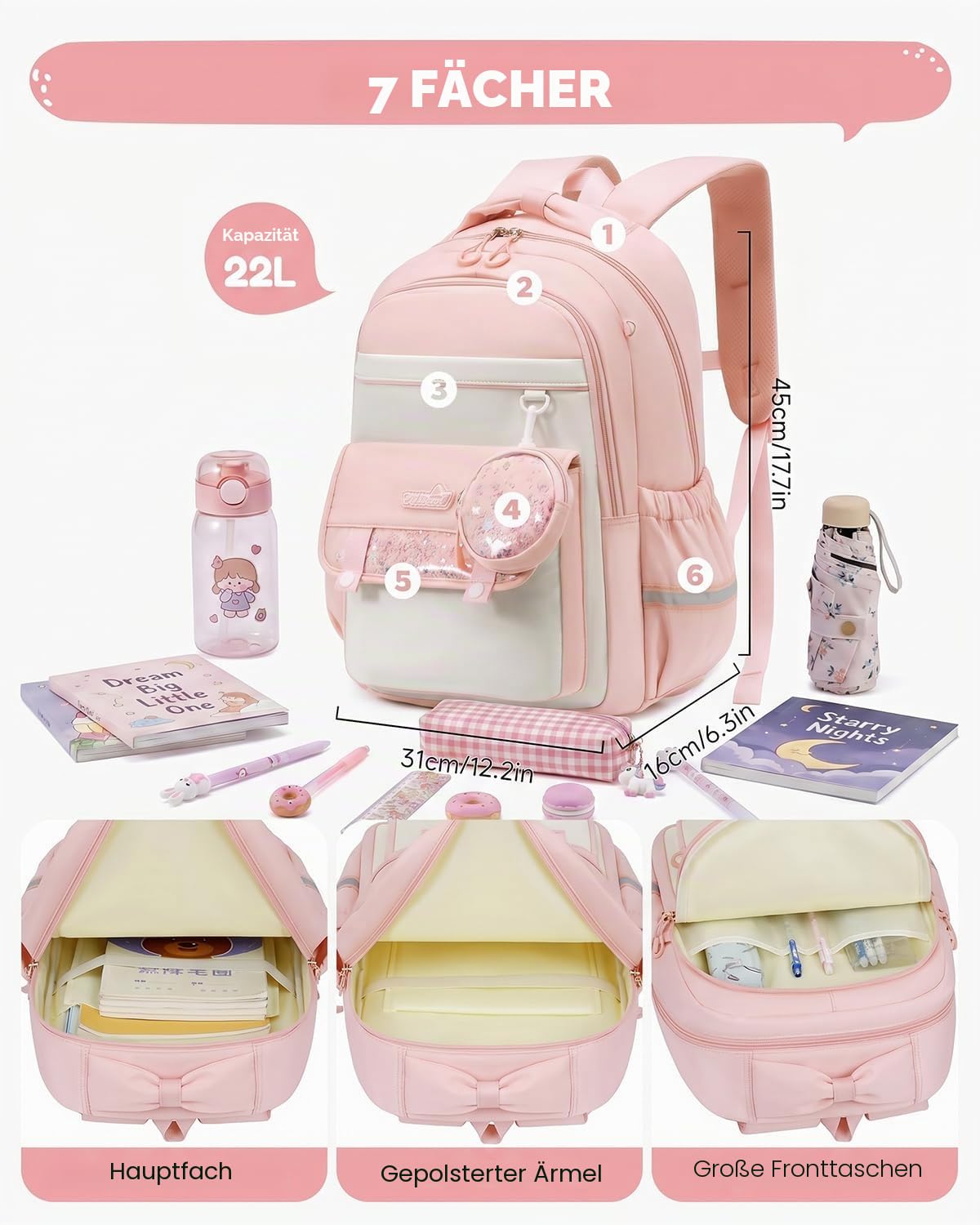 Tanou Schultasche Mädchen 1-5. Klasse, Ergonomisch Schulranzen Kinder