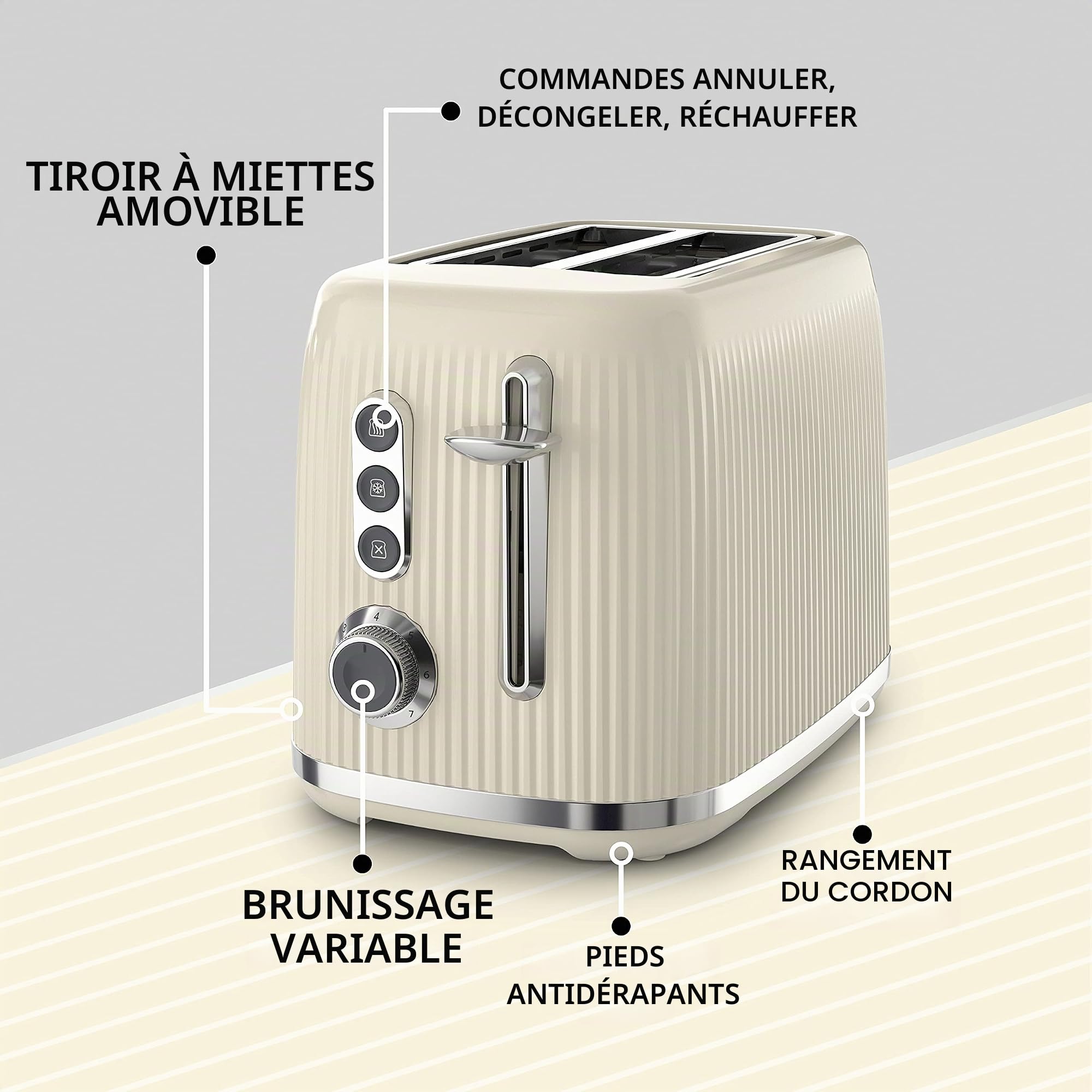 Breville Grille-pain audacieux à 2 tranches crème vanille avec fentes hautes et larges | Crème et Chrome Argenté [VTR003