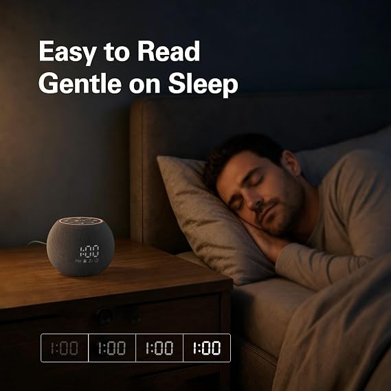 Zarler Sound Machine Alarm Clock for Bedroom, White Noise Machine Soothing Sounds for Sleep, Gentle Alarms for Wake Up, Dimmable Clock Display, Ambient Night Light, Plug in Bedside for Sleeping Adults