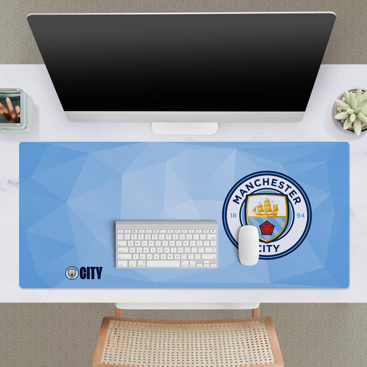 Head Case Designs Officially Licensed Manchester City Man City FC Blue Geometric Crest Logo 37.4 x 15.75 x 0.16 inches (900 x 400 mm) - XL Gaming Office Desk PC Keyboard Mouse Mat Pad