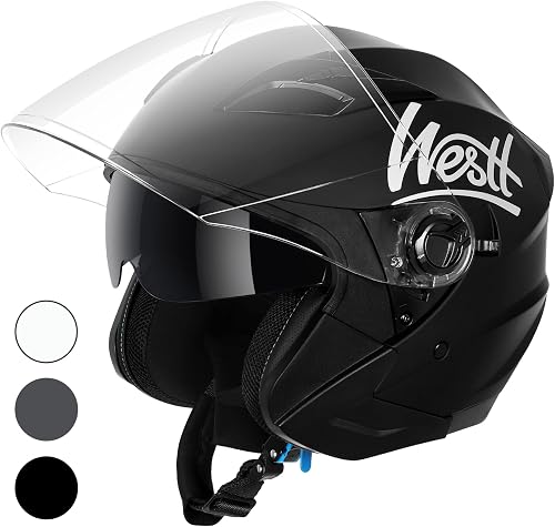 Westt Jet Casco Moto Hombre Mujer Casco de Moto con Doble Visera capacete Casco Jet Scooter Trail, Certificado ECE Dot, Tallas S-XL