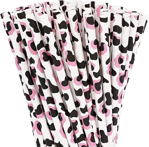 Whaline 200 popotes con estampado de vaca, color negro y rosa, pajitas de papel desechables para fiesta de vaquera, para boda, baby shower,