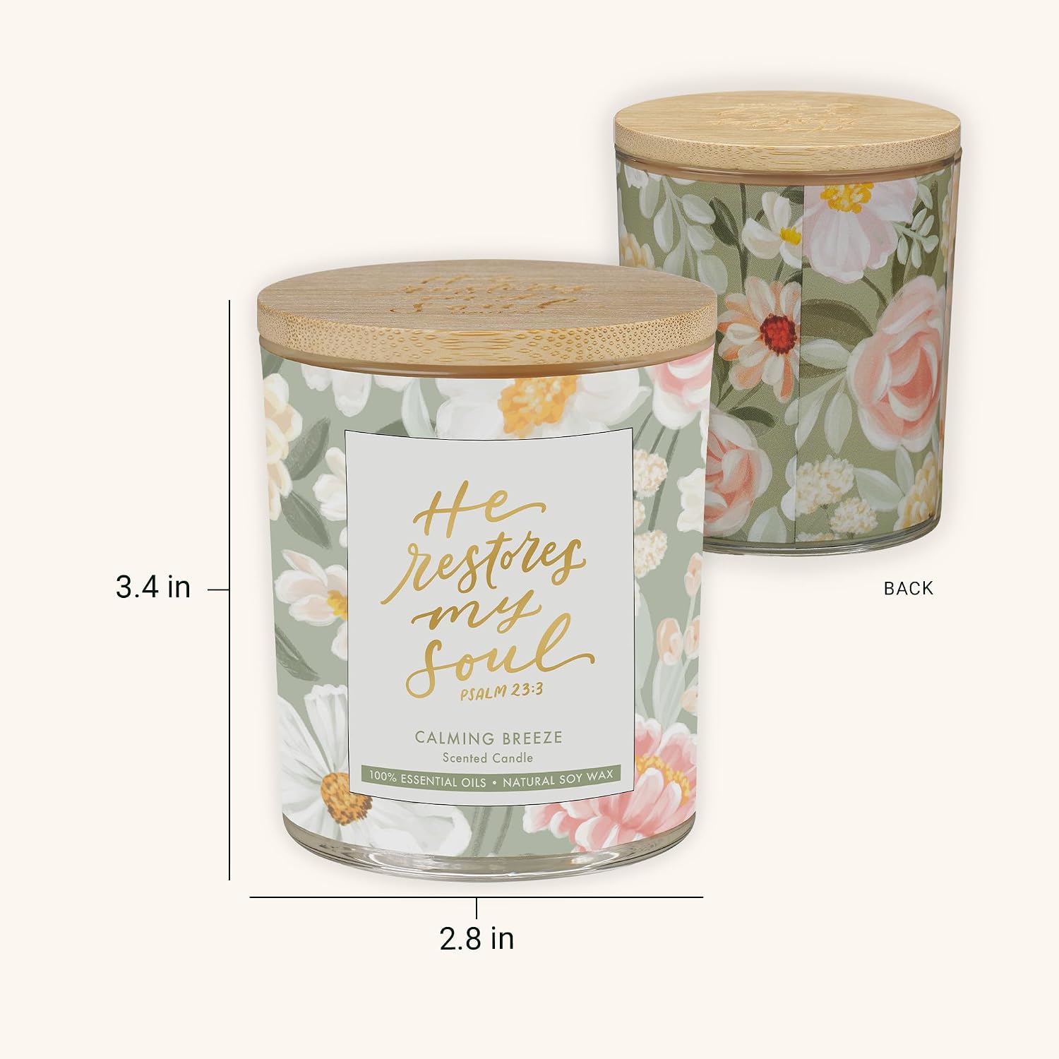 Christian Art Gifts Soy Wax Scented Candle: He Restores My Soul Bible Verse, Calming Breeze Scent, Pure Essential Oils, 4.5 oz, Up to 20 Hours Burn Time, Glass Jar w/Bamboo Lid, Encouragement Gift