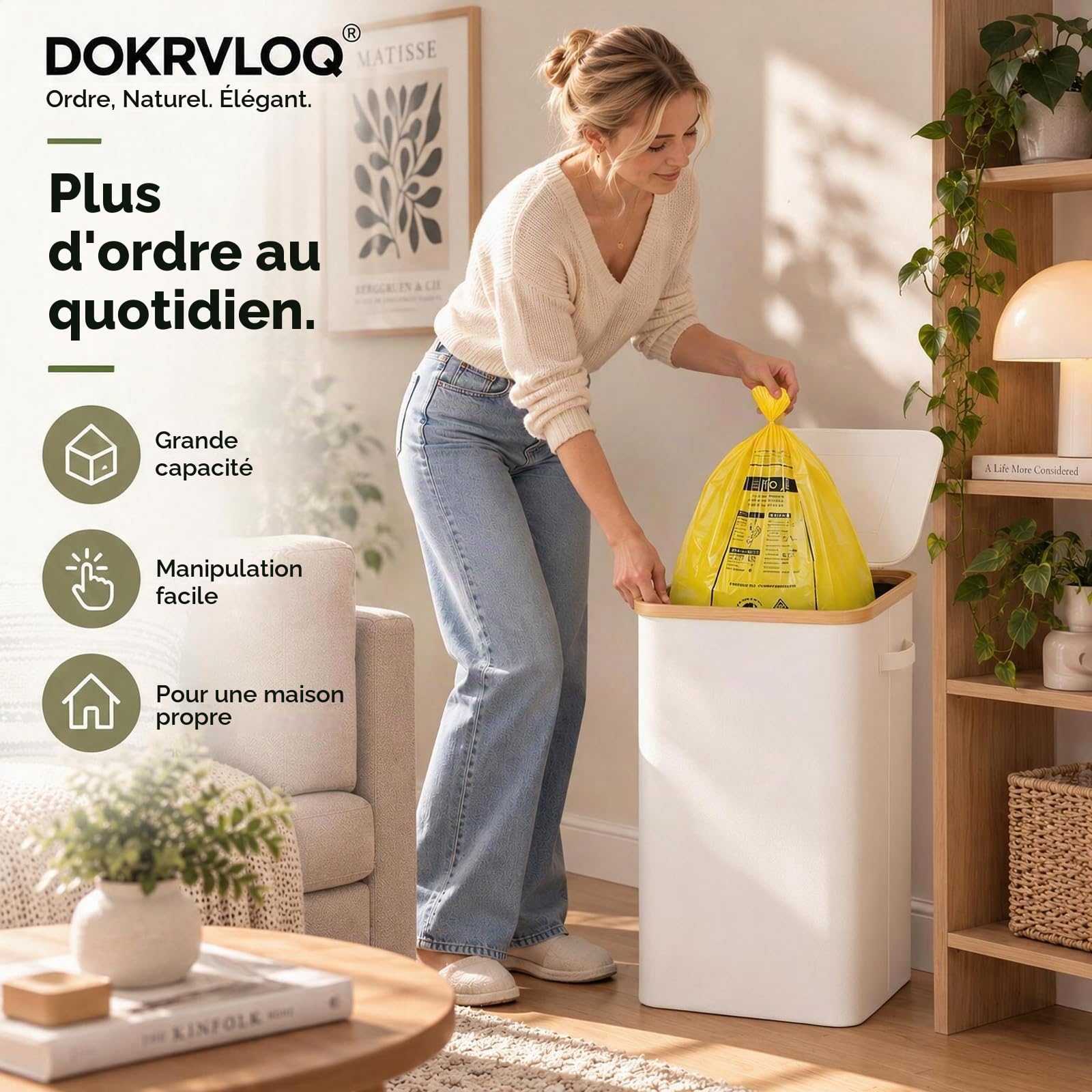 Support pour sac poubelle jaune stable avec couvercle – Grande poubelle rectangulaire de 100 litres blanche – Idéale pour la cuisine, les déchets généraux et recyclables