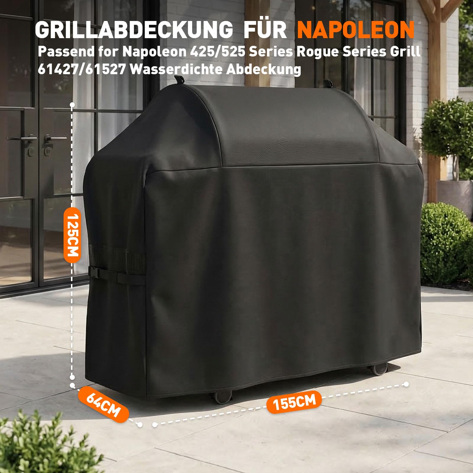 Copertura per barbecue 600D adatta per Napoleon Rogue 425/525 61427/61527, 155 x 64 x 125 cm, copertura di ricambio impermeabile e resistente ai raggi UV, antistrappo, per esterni, colore nero