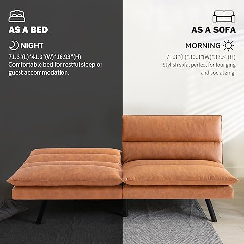 Miniatura 7 de Sofá cama tipo futón convertible, sofá biplaza de espuma viscoelástica de piel sintética marrón, pequeño sofá europeo para espacios de vida