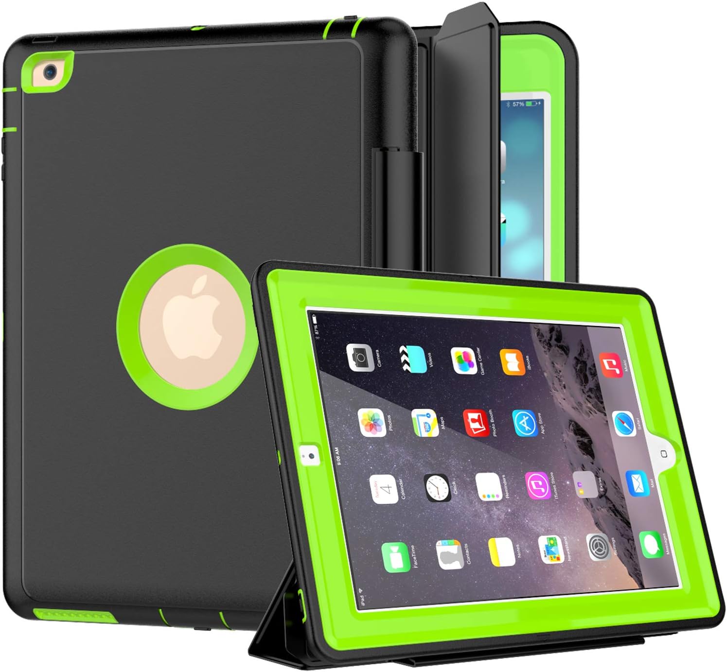 iPad 2 Case, iPad 3 Case, iPad 4 Case, SEYMCY Rugged Heavy Duty [Smart Cover] Shockproof 3-Layer Protection Defender Magnetic Auto Sleep/Wake Function for iPad 2nd,3rd,4th Generation (Black/Green)