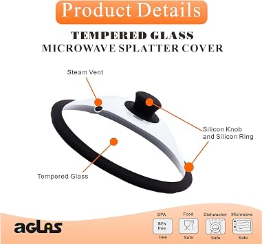 Premium Tempered Glass Microwave Cover 11.6inch/296mm (inner Dia.10.5inch/265mm),Tempered Glass Microwave splatter guard with water injection through, keep food juicy, BPA free 100% food safe