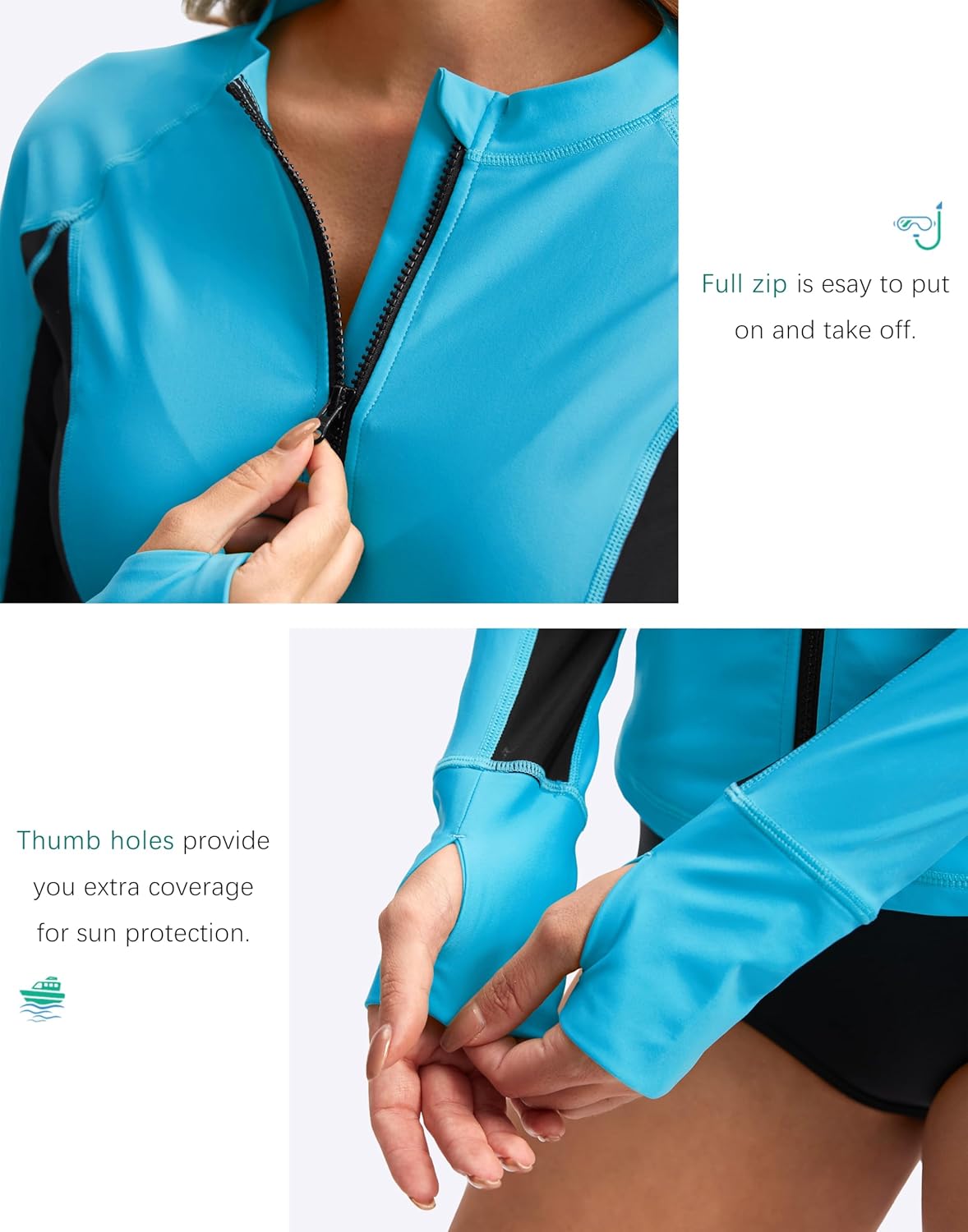 SANTINY Women's Rash Guard Zipper Pockets UPF50+ Sun Protection Long Sleeve Swimsuit Top Zip Front Swim Shirt for Women