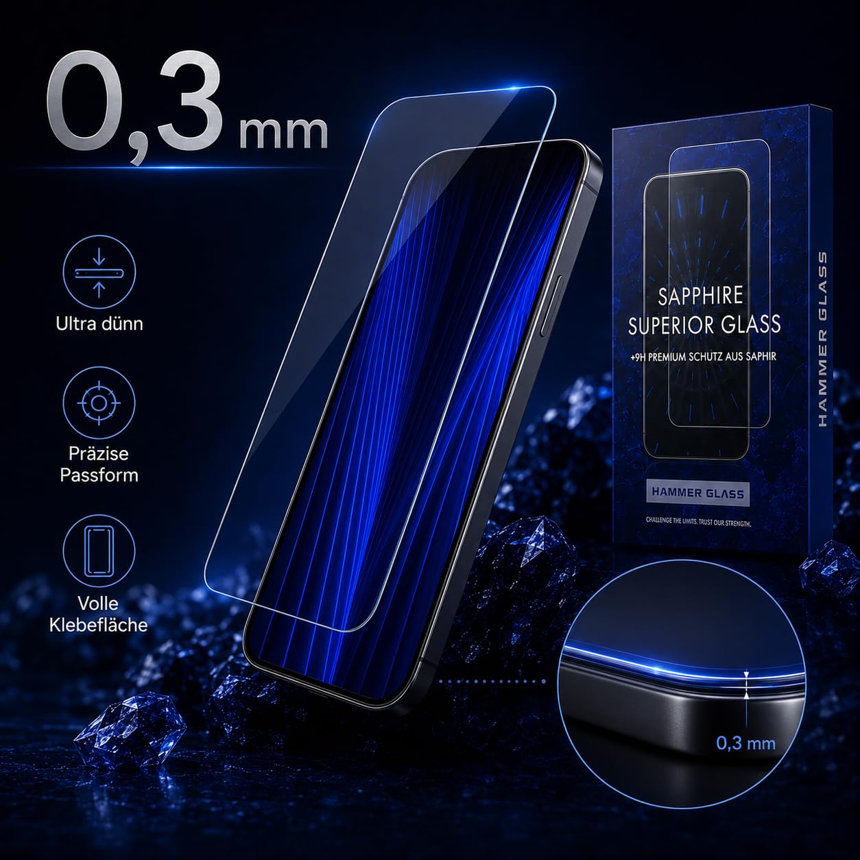 Hammer Glass 100 % cristal de zafiro para iPhone 17 Air panzer protección de cristal, más de 9H dureza 9H + cristal protector de pantalla de zafiro de 6,55 pulgadas, herramienta de instalación fácil