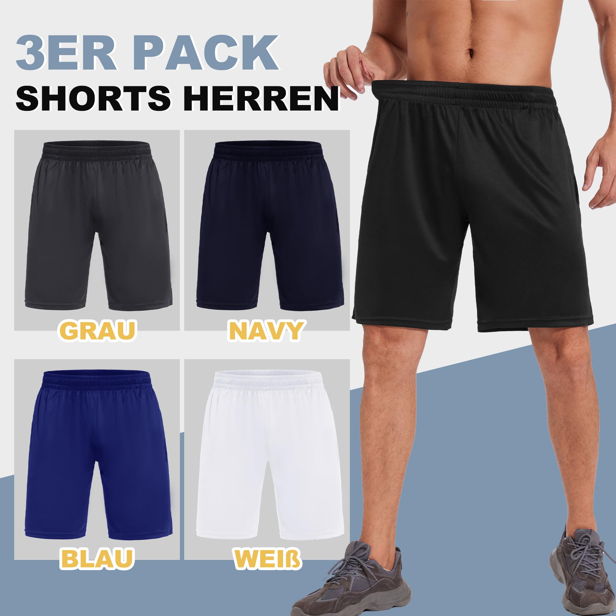 Pantalones cortos de deporte para hombre, paquete de 3 unidades, con bolsillos, cordón, verano