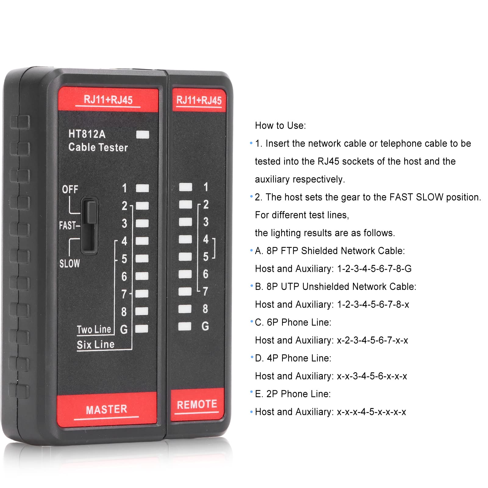 Netzwerkkabeltester RJ11 Netzwerkkabeltester, Kabeltester Netzwerkdrahttestwerkzeug RJ45 Telefonleitungsdrahttestwerkzeug Zubehör für die Messung HT812A