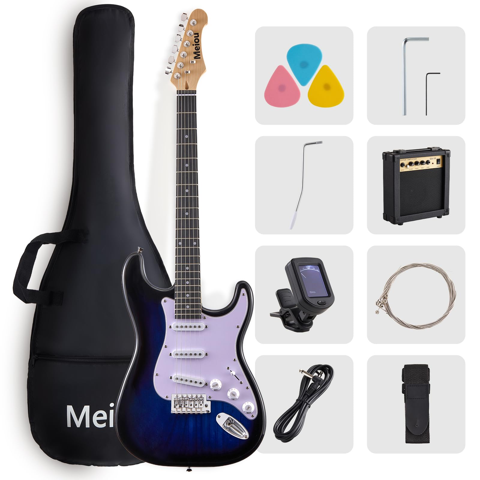 Starter kit per chitarra elettrica da 99 cm, serie ST, completo con chitarra elettrica, amplificatore, tracolla, plettro, accordatore, corde, cavo e custodia per chitarra, adatto per