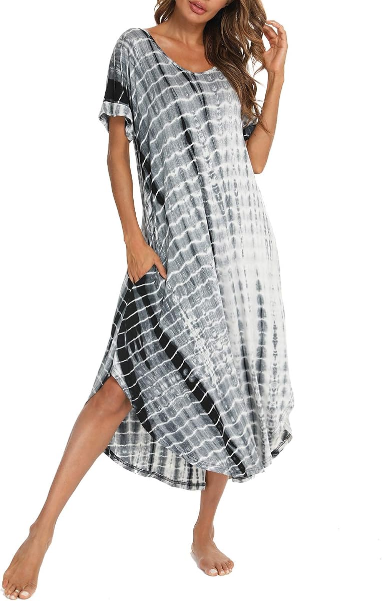 Cotton Nightgowns for Women Short Sleeve House Dress Long Night Gown with Pockets S-XXL
