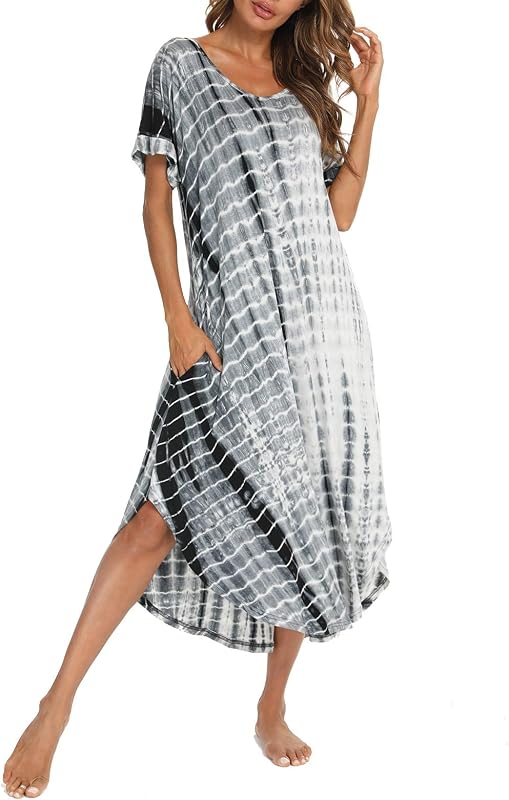 Cotton Nightgowns for Women Short Sleeve House Dress Long Night Gown with Pockets S-XXL