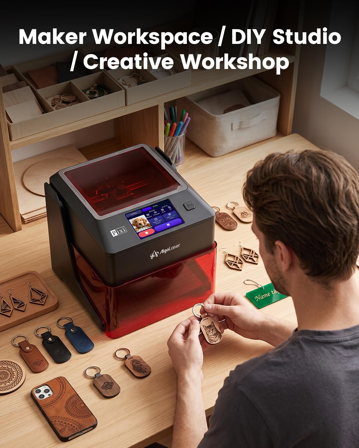 AlgoLaser Pixi - Grabador láser inteligente - Máquina grabadora láser portátil de 10 W con pantalla táctil de 3.5 pulgadas, sistema AlgoOS y aplicación, grabado láser para madera, acrílico, vidrio
